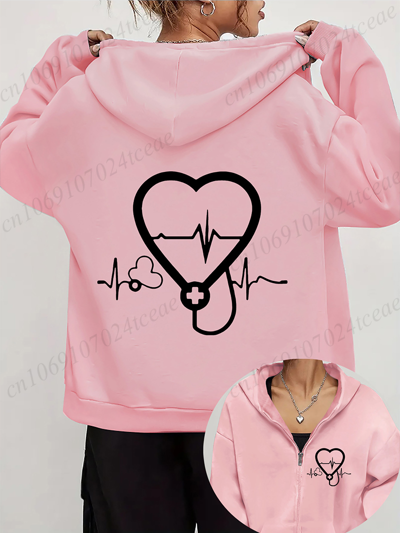 Embroidery Zip Up Hoodie - 여성용 가을 겨울 후드티 청진기 심전도