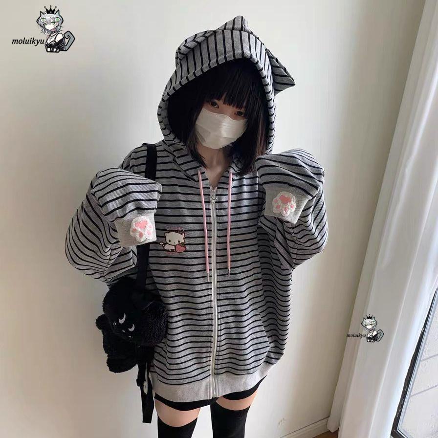 Embroidery Zip Up Hoodie - Y2K 여성용 스트라이프 지퍼 업 재킷
