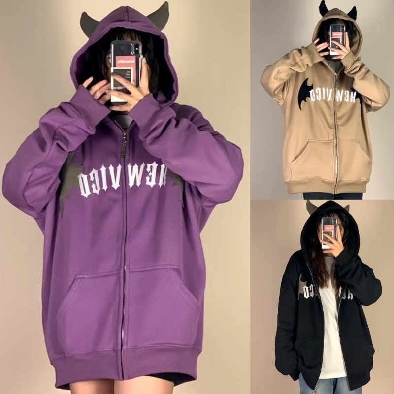 Embroidery Zip Up Hoodie - 검은 뿔이 있는 여성용 지퍼 클로저