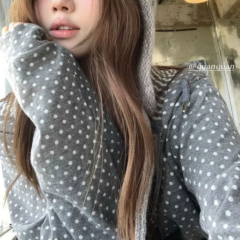 Embroidery Zip Up Hoodie - 한국 폴카 도트 캐주얼 프린트 후드티