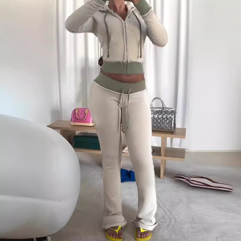 Embroidery Zip Up Hoodie - 여성용 투피스 라운지 세트, 우아한 트랙수트,