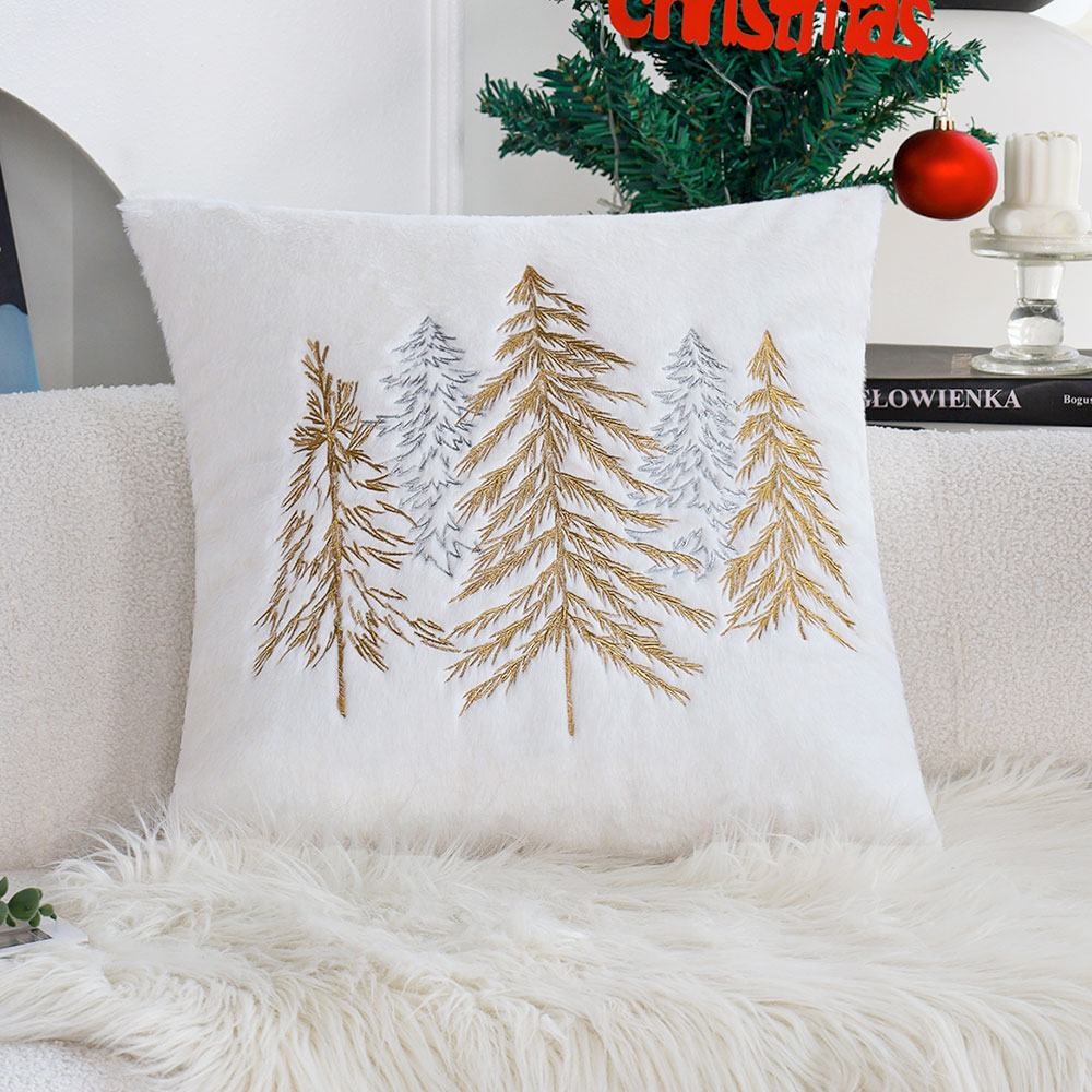 Embroidery Xmas - 크리스마스 인조 토끼털 베개 커버 45x45cm