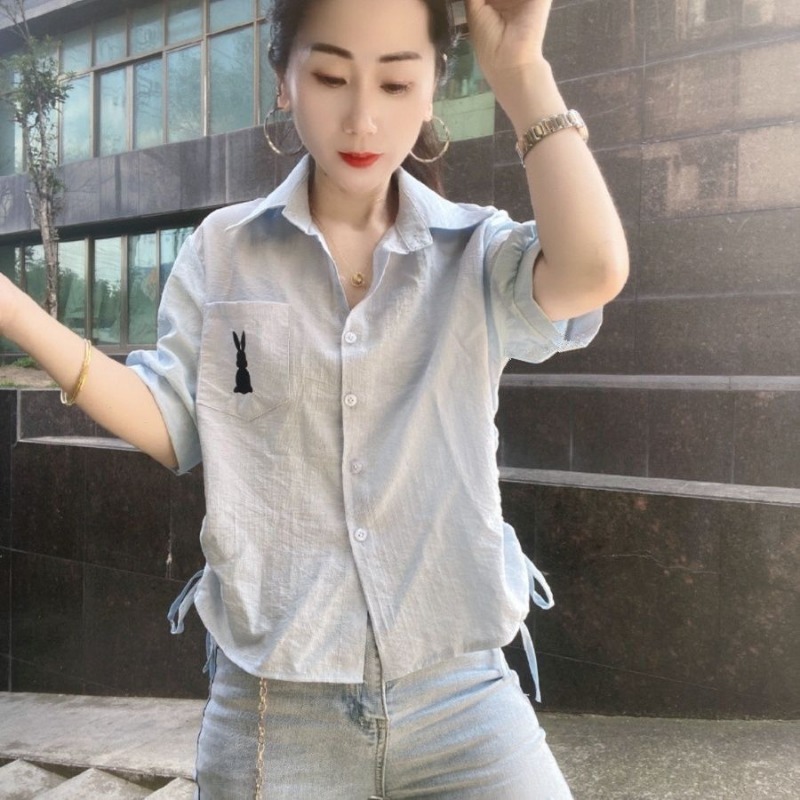 여성용 녹색 반팔 셔츠, 토끼 자수 및 드로스트링 캐주 - Embroidery Rabbit 리뷰 및 가격