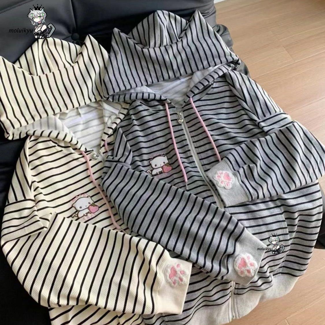 Y2K 여성용 스트라이프 지퍼 업 재킷 카와이 고양이  - Embroidery Zip Up Hoodie 리뷰 및 가격