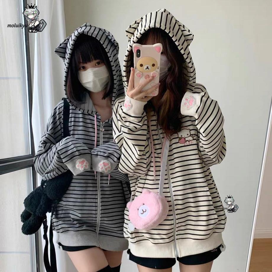 Y2K 여성용 스트라이프 지퍼 업 재킷 카와이 고양이  - Embroidery Zip Up Hoodie 리뷰 및 가격