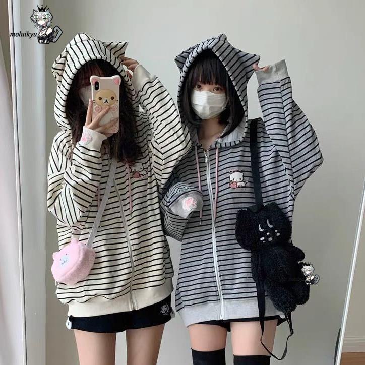 Y2K 여성용 스트라이프 지퍼 업 재킷 카와이 고양이  - Embroidery Zip Up Hoodie 리뷰 및 가격