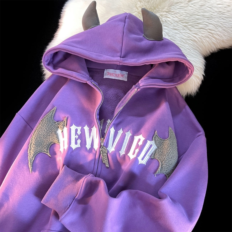 검은 뿔이 있는 여성용 지퍼 클로저 오버사이즈 탑용 다 - Embroidery Zip Up Hoodie 리뷰 및 가격