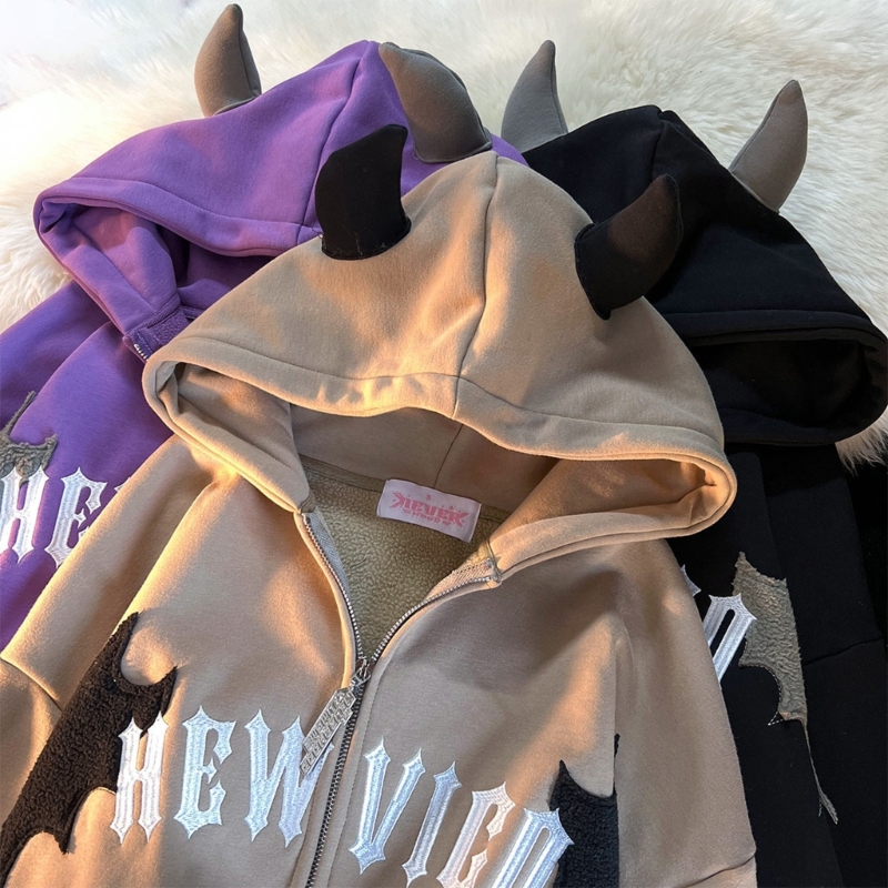 검은 뿔이 있는 여성용 지퍼 클로저 오버사이즈 탑용 다 - Embroidery Zip Up Hoodie 리뷰 및 가격