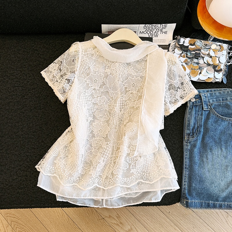 우아한 레이스 셔츠 속이 비치는 무거운 자수 반팔 여성 - Embroidery Unique Design 리뷰 및 가격