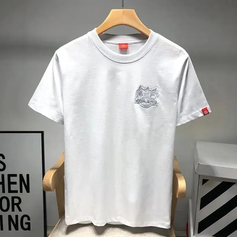 남성용 사자 자수 반팔 티셔츠, 단색 라운드 넥, 독특 - Embroidery Unique Design 리뷰 및 가격